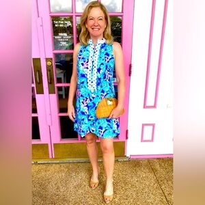 Lilly Pulitzer Jane Deep Indigo Gypsea Girl Gold Lace Detail Easy Shift Dress